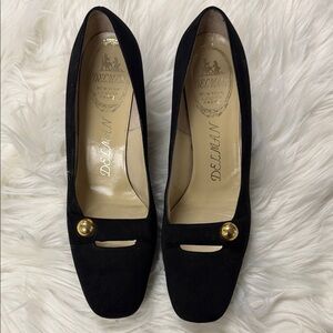 Delman Black Heels with Gold Button Detail